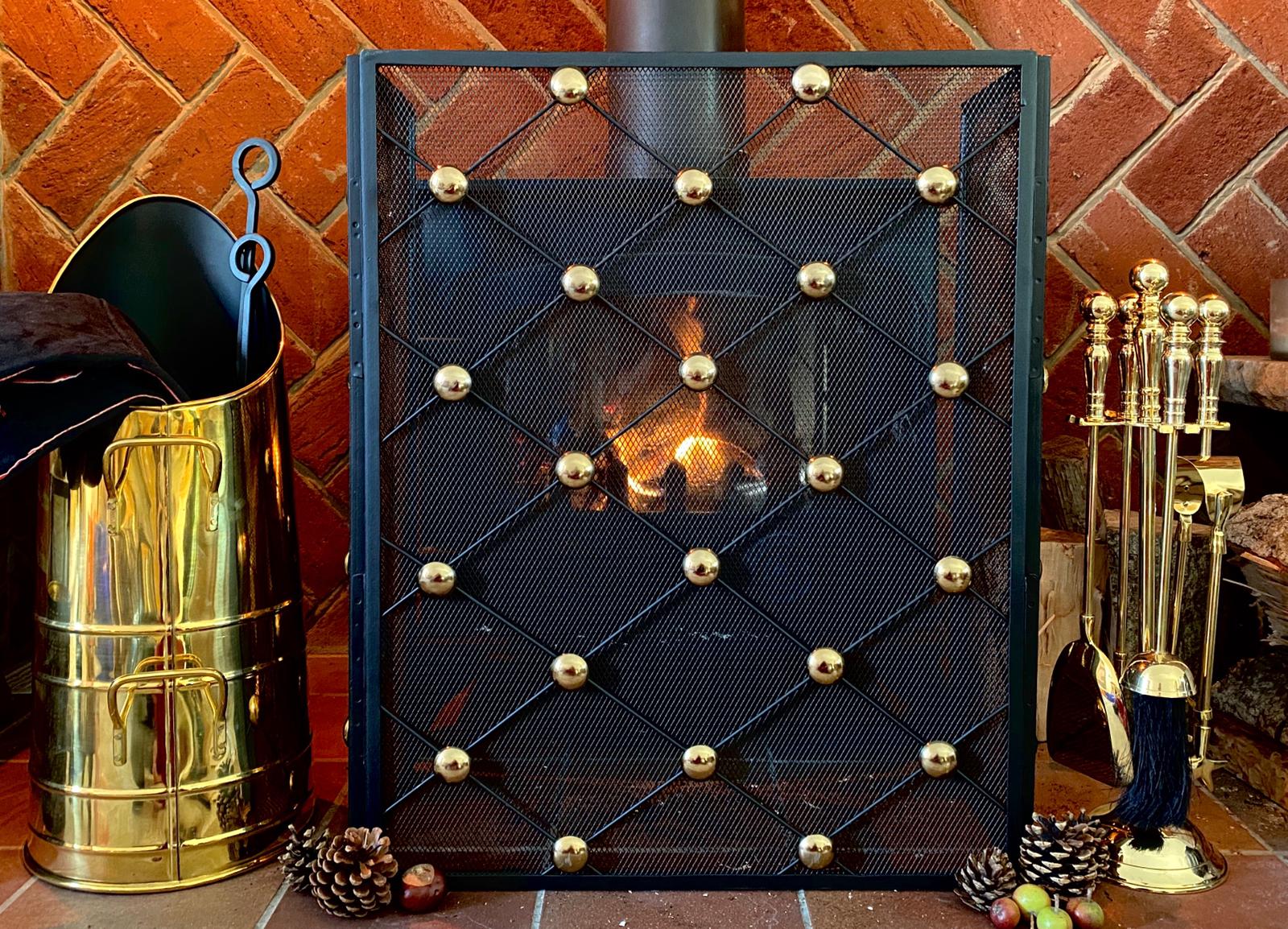 Black Embossed with Gold Diamond Pattern Firescreen